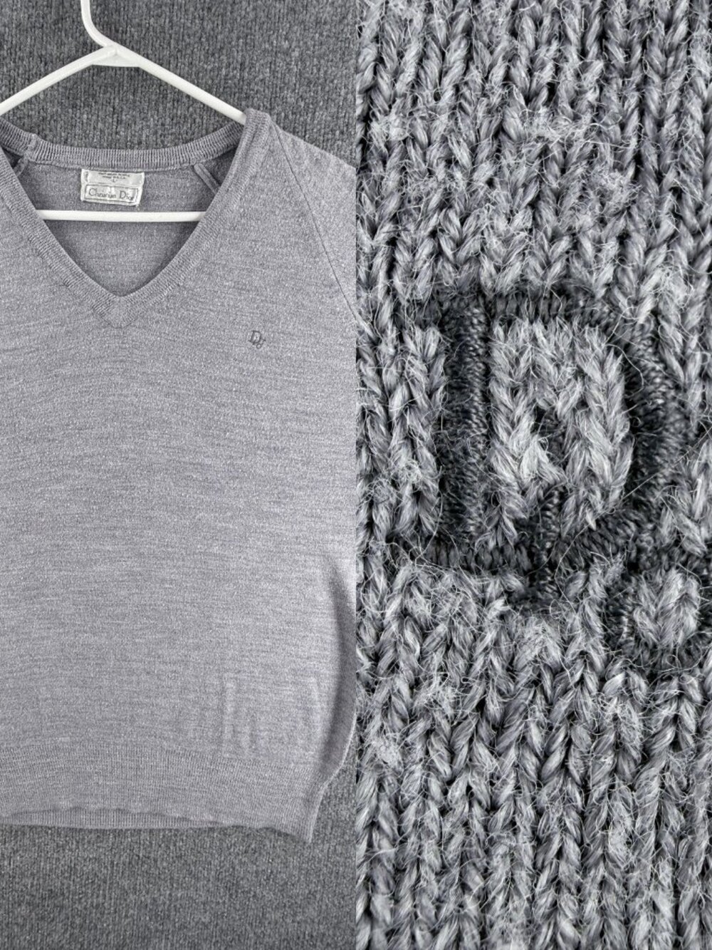 VTG Christian Dior Sweater Large USA Gray Logo Pullover V-Neck Knit Acrylic Mens